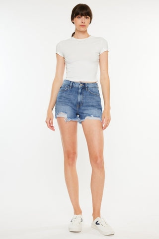 Shop MED Kancan Distressed Raw Hem High Waist Denim Shorts - High-Quality U.S. Made Women’s Fashion with Free & Fast Shipping