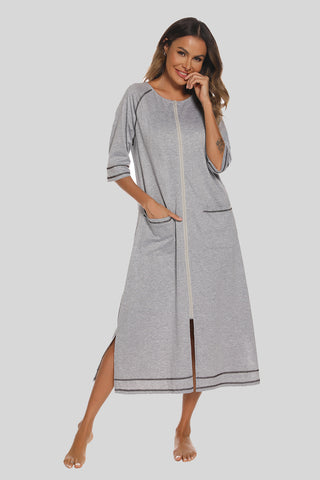 Shop Heather Gray Zip Up Slit Round Neck Night Dress with Pockets - High-Quality U.S. Made Women’s Fashion with Free & Fast Shipping