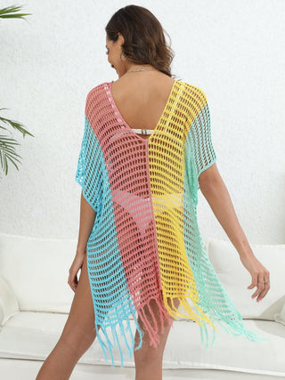 Shop Fringe Color Block Scoop Neck Cover Up - High-Quality U.S. Made Women’s Fashion with Free Fast Shipping