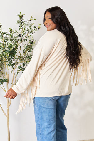 Shop Celeste Full Size Fringe Detail Long Sleeve Blouse - High-Quality U.S. Made Women’s Fashion with Free & Fast Shipping