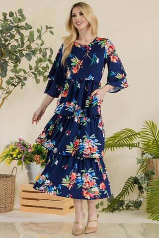 Shop Celeste Full Size Floral Ruffle Tiered Midi Dress - High-Quality U.S. Made Women’s Fashion with Free & Fast Shipping