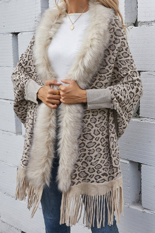 Shop Leopard Fringe Detail Poncho - High-Quality U.S. Made Women’s Fashion with Free Fast Shipping