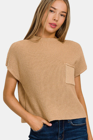 Shop Brush Zenana Mock Neck Short Sleeve Cropped Sweater - High-Quality U.S. Made Women’s Fashion with Free & Fast Shipping