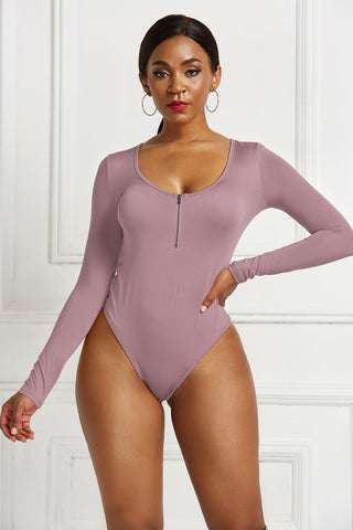 Shop Half Zip Scoop Neck Long Sleeve Bodysuit - High-Quality U.S. Made Women’s Fashion with Free & Fast Shipping