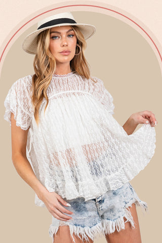 Shop White SAGE + FIG Round Neck Short Sleeve Lace Blouse - High-Quality U.S. Made Women’s Fashion with Free & Fast Shipping