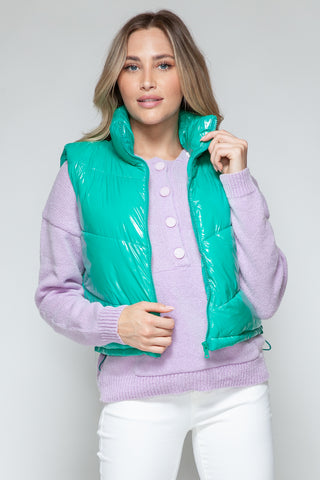 Shop Green Snobbish Zip Up Turtleneck Shiny Quilted Vest - High-Quality U.S. Made Women’s Fashion with Free & Fast Shipping