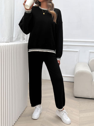 Shop Round Neck Dropped Shoulder Top and Pants Sweater Set - High-Quality U.S. Made Women’s Fashion with Free Fast Shipping