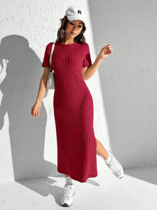 Shop Slit Round Neck Short Sleeve Sweater Dress - High-Quality U.S. Made Women’s Fashion with Free & Fast Shipping