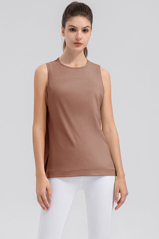 Shop Camel Slit Round Neck Tank - High-Quality U.S. Made Women’s Fashion with Free & Fast Shipping