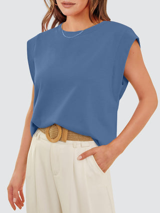 Shop Dusty Blue Round Neck Cap Sleeve Tank - High-Quality U.S. Made Women’s Fashion with Free & Fast Shipping