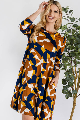 Shop Celeste Full Size Geometric Round Neck Dress with Pockets - High-Quality U.S. Made Women’s Fashion with Free & Fast Shipping