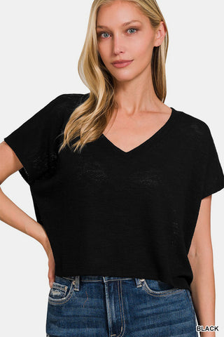 Shop Black Zenana V-Neck Short Sleeve Crop T-Shirt - High-Quality U.S. Made Women’s Fashion with Free & Fast Shipping