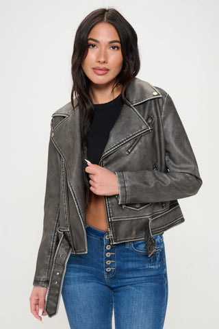 Shop Coalition LA Zip Up Biker Jacket with Belt - High-Quality U.S. Made Women’s Fashion with Free & Fast Shipping