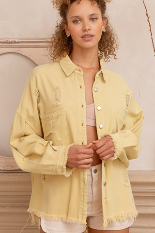 Shop Lemonade POL Button Down Raw Hem Distressed Shacket - High-Quality U.S. Made Women’s Fashion with Free & Fast Shipping