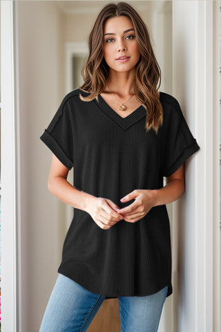 Shop Black Textured V-Neck Short Sleeve Top - High-Quality U.S. Made Women’s Fashion with Free & Fast Shipping