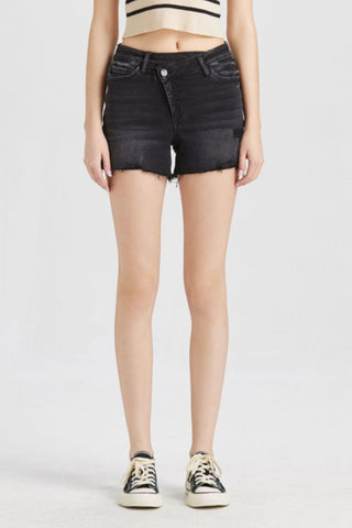 Shop Black BAYEAS Stepped Waist Raw Hem Denim Shorts - High-Quality U.S. Made Women’s Fashion with Free & Fast Shipping