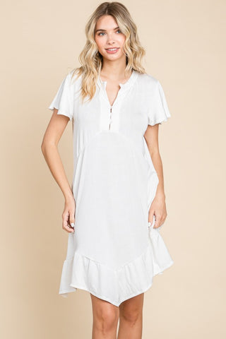 Shop Soft White Culture Code Full Size Short Sleeve Ruffled Asymmetric Hem Dress - High-Quality U.S. Made Women’s Fashion with Free & Fast Shipping