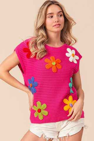 Shop BiBi Flower Round Neck Cap Sleeve Knit Top - High-Quality U.S. Made Women’s Fashion with Free & Fast Shipping