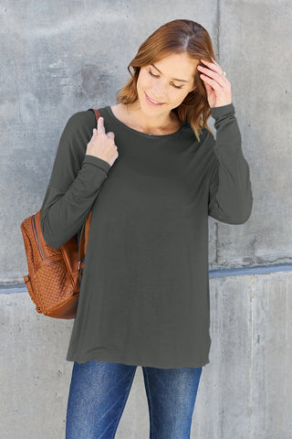 Shop Dark Gray Basic Bae Full Size Round Neck Dropped Shoulder T-Shirt - High-Quality U.S. Made Women’s Fashion with Free & Fast Shipping