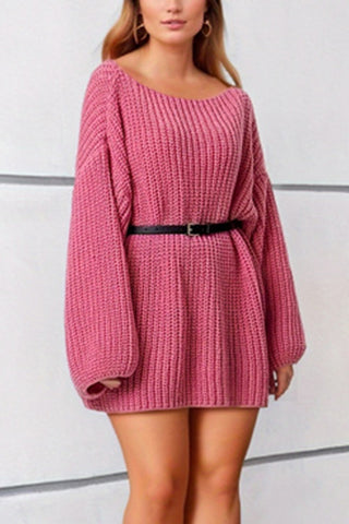 Shop Pink One Size Boat Neck Dropped Shoulder Mini Sweater Dress - High-Quality U.S. Made Women’s Fashion with Free & Fast Shipping