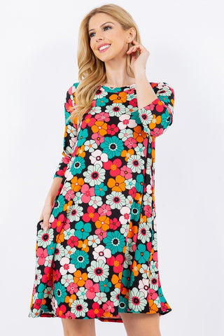 Shop Celeste Full Size Floral Three-Quarter Sleeve Dress with Pockets - High-Quality U.S. Made Women’s Fashion with Free & Fast Shipping