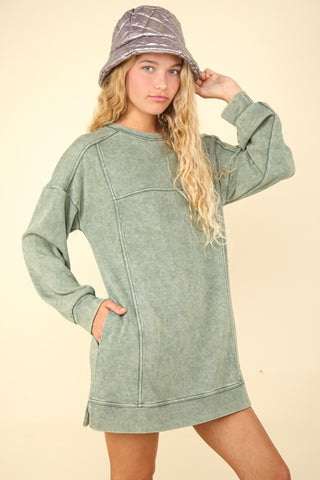 Shop Sage VERY J Mineral Washed Oversized Sweatshirt Mini Dress - High-Quality U.S. Made Women’s Fashion with Free & Fast Shipping