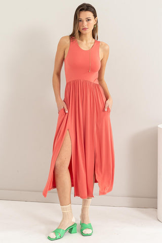 Shop Spiced Coral HYFVE Sleeveless Slit Midi Dress - High-Quality U.S. Made Women’s Fashion with Free & Fast Shipping