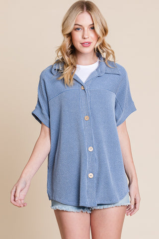 Shop BOMBOM Button Up Short Sleeves Ribbed Shirt - High-Quality U.S. Made Women’s Fashion with Free & Fast Shipping