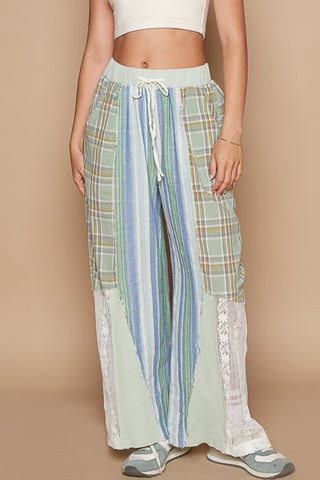 Shop Light Green Multi POL Drawstring Plaid Print Lace Straight Pants - High-Quality U.S. Made Women’s Fashion with Free & Fast Shipping