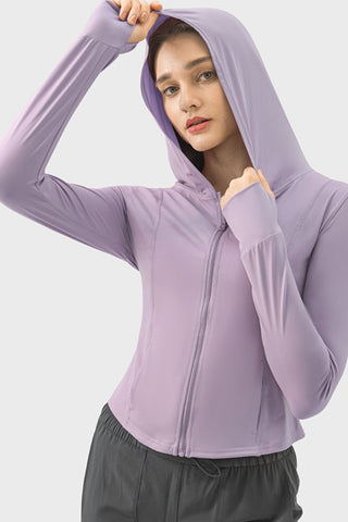 Shop Millennia Pocketed Zip Up Hooded Long Sleeve Active Outerwear - High-Quality U.S. Made Women’s Fashion with Free & Fast Shipping