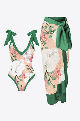 Shop Green Floral V-Neck Two-Piece Swim Set - High-Quality U.S. Made Women’s Fashion with Free & Fast Shipping