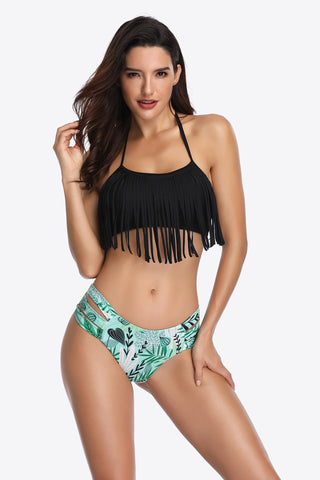 Shop Two-Tone Fringe Trim Tied Bikini Set - High-Quality U.S. Made Women’s Fashion with Free Fast Shipping