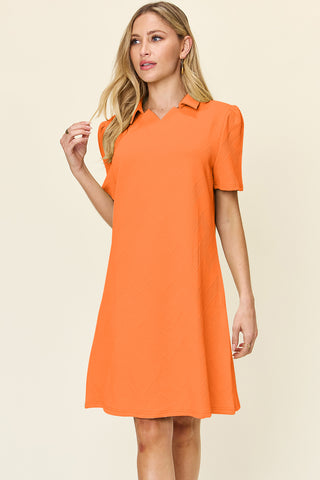 Shop Tangerine Double Take Full Size Texture Collared Neck Short Sleeve Dress - High-Quality U.S. Made Women’s Fashion with Free & Fast Shipping