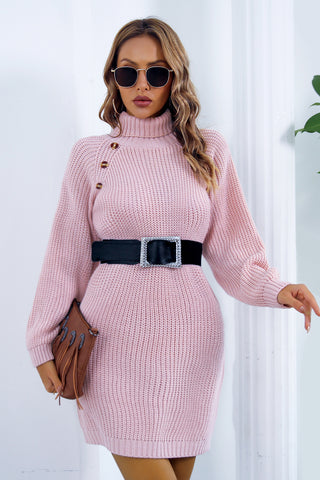 Shop Buttoned Turtleneck Long Sleeve Sweater Dress - High-Quality U.S. Made Women’s Fashion with Free Fast Shipping