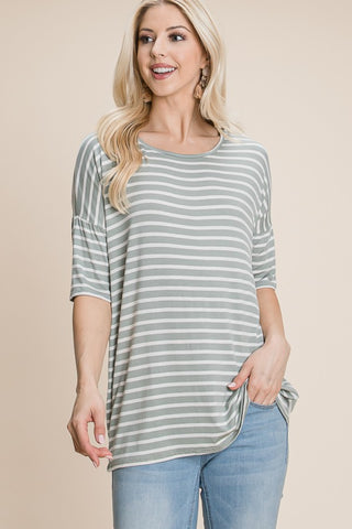 Shop Sage BOMBOM Striped Round Neck T-Shirt - High-Quality U.S. Made Women’s Fashion with Free & Fast Shipping