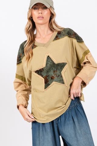 Shop Olive SAGE + FIG Star Patch Long Sleeve Color Block T-Shirt - High-Quality U.S. Made Women’s Fashion with Free & Fast Shipping