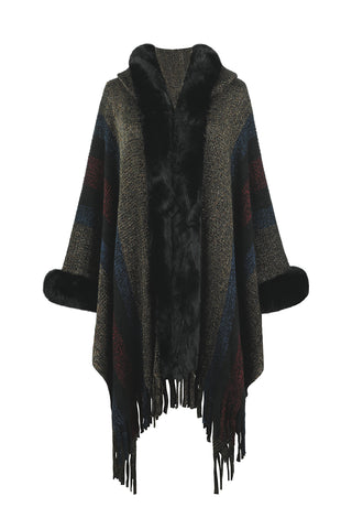 Shop Color Block Fringe Detail Poncho - High-Quality U.S. Made Women’s Fashion with Free Fast Shipping