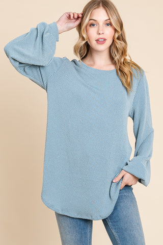 Shop Denim BOMBOM Long Sleeve Curved Hem Ribbed T-Shirt - High-Quality U.S. Made Women’s Fashion with Free & Fast Shipping