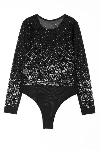 Shop Rhinestone Embellished Mesh Long Sleeve Bodysuit - High-Quality U.S. Made Women’s Fashion with Free & Fast Shipping