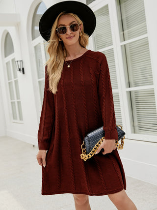 Shop Wine Cable-Knit Long Sleeve Sweater Dress - High-Quality U.S. Made Women’s Fashion with Free & Fast Shipping