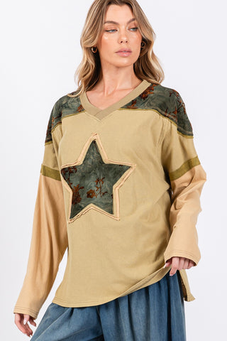 Shop SAGE + FIG Star Patch Long Sleeve Color Block T-Shirt - High-Quality U.S. Made Women’s Fashion with Free & Fast Shipping