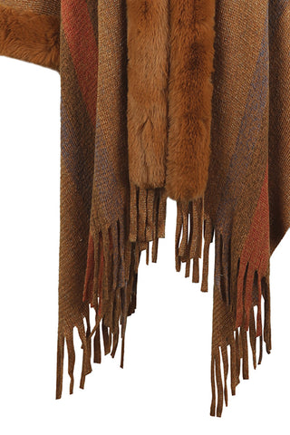 Shop Color Block Fringe Detail Poncho - High-Quality U.S. Made Women’s Fashion with Free Fast Shipping