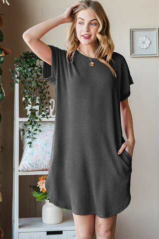 Shop Charcoal Heimish Full Size Ribbed Round Neck Short Sleeve Tee Dress - High-Quality U.S. Made Women’s Fashion with Free & Fast Shipping