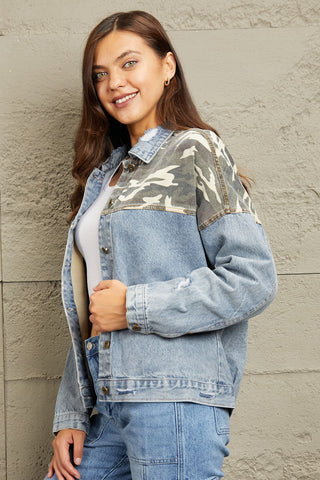 Shop GeeGee Full Size Washed Denim Camo Contrast Jacket - High-Quality U.S. Made Women’s Fashion with Free & Fast Shipping