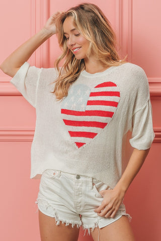 Shop Off White BiBi Striped Heart Contrast Knit Top - High-Quality U.S. Made Women’s Fashion with Free & Fast Shipping