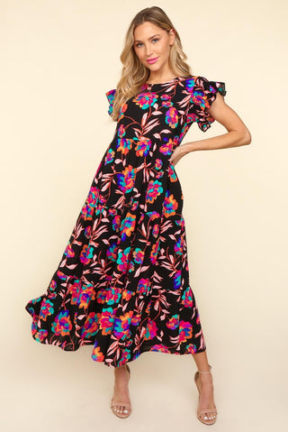 Shop Haptics Ruffled Printed Round Neck Cap Sleeve Dress - High-Quality U.S. Made Women’s Fashion with Free & Fast Shipping