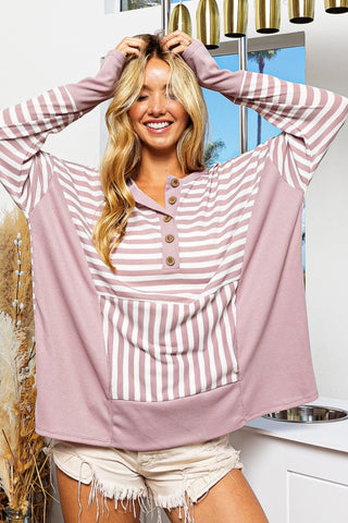 Shop Mauve BiBi Striped Thumbhole Long Sleeve Top - High-Quality U.S. Made Women’s Fashion with Free & Fast Shipping