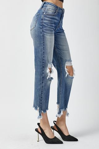 Shop RISEN High Waist Distressed Frayed Hem Cropped Straight Jeans - High-Quality U.S. Made Women’s Fashion with Free & Fast Shipping