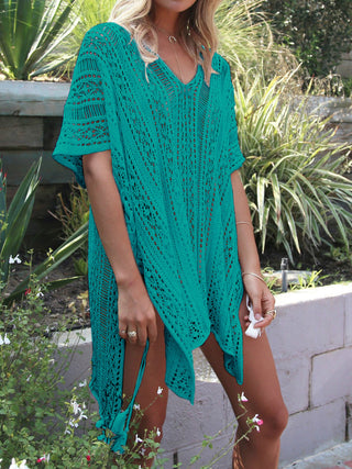 Shop Teal One Size Cutout V-Neck Cover-Up with Tassel - High-Quality U.S. Made Women’s Fashion with Free & Fast Shipping