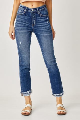 Shop Risen Full Size High-Rise Frayed Cuffed Straight Jeans - High-Quality U.S. Made Women’s Fashion with Free Fast Shipping